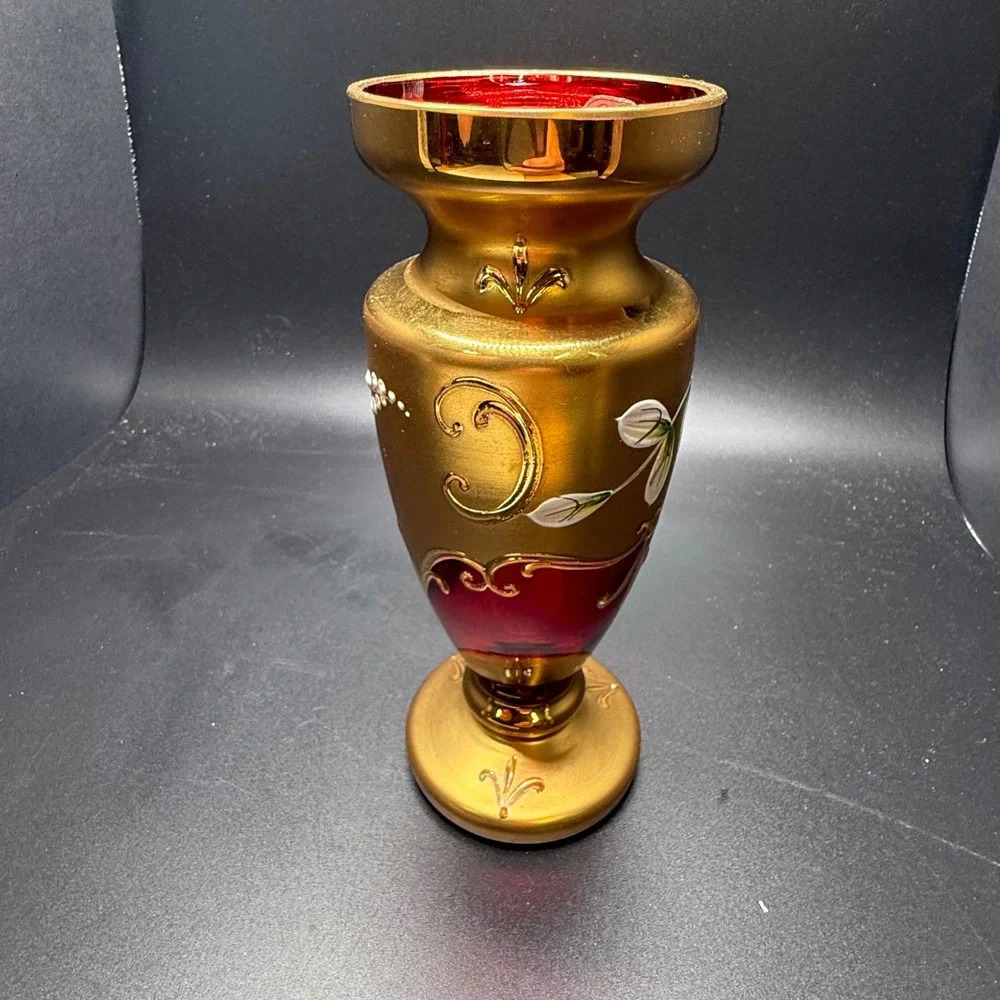 Bohemia Crystal Ruby Red‎ Glass Vase Gold Hand Painted Floral 6.75in Czech